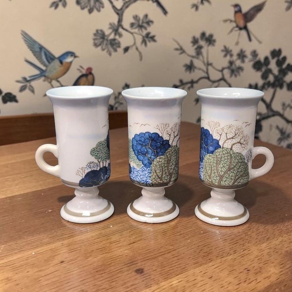 Otagiri Pedestal Irish Coffee Mugs, Set of 3, Vintage Birds & Trees Design
